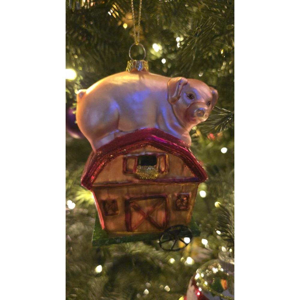 St.Nicholas Square Farm Pig Barn Blown Glass Christmas Tree Decoration Ornament